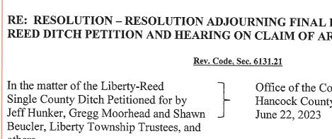 Resolution Adjourning Final Hearing on Liberty-Reed Ditch Petition and Hearing on Claim of Aric Hoch
